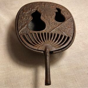 Vintage Japanese Cast Iron bowl top SET Incense Burner Uchiwa Fan art lid MCM